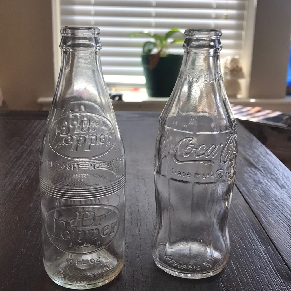 Coke and Dr Pepper glass bottles clear